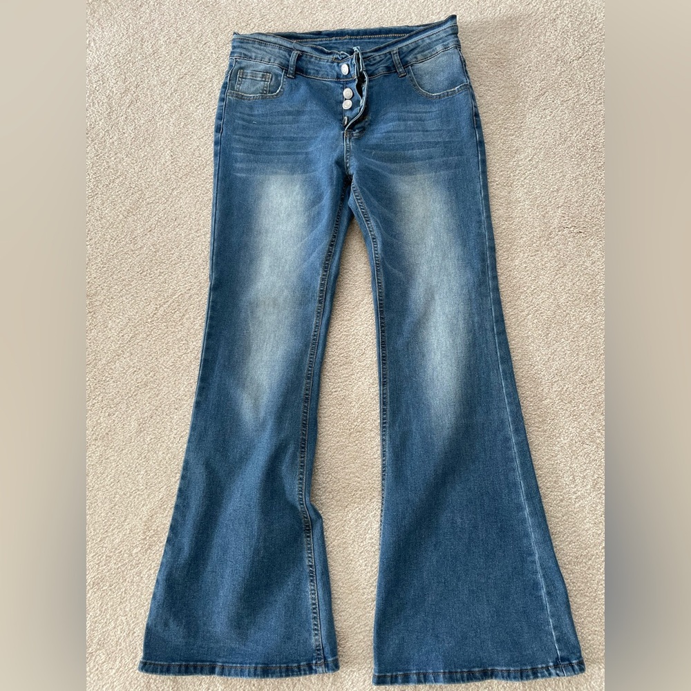 Women's Blue Button Fly Flared Jeans - Classic Stretch Denim